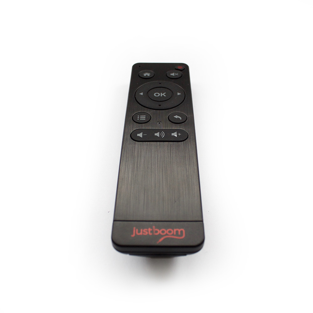 Black JustBoom IR Remote with red logo